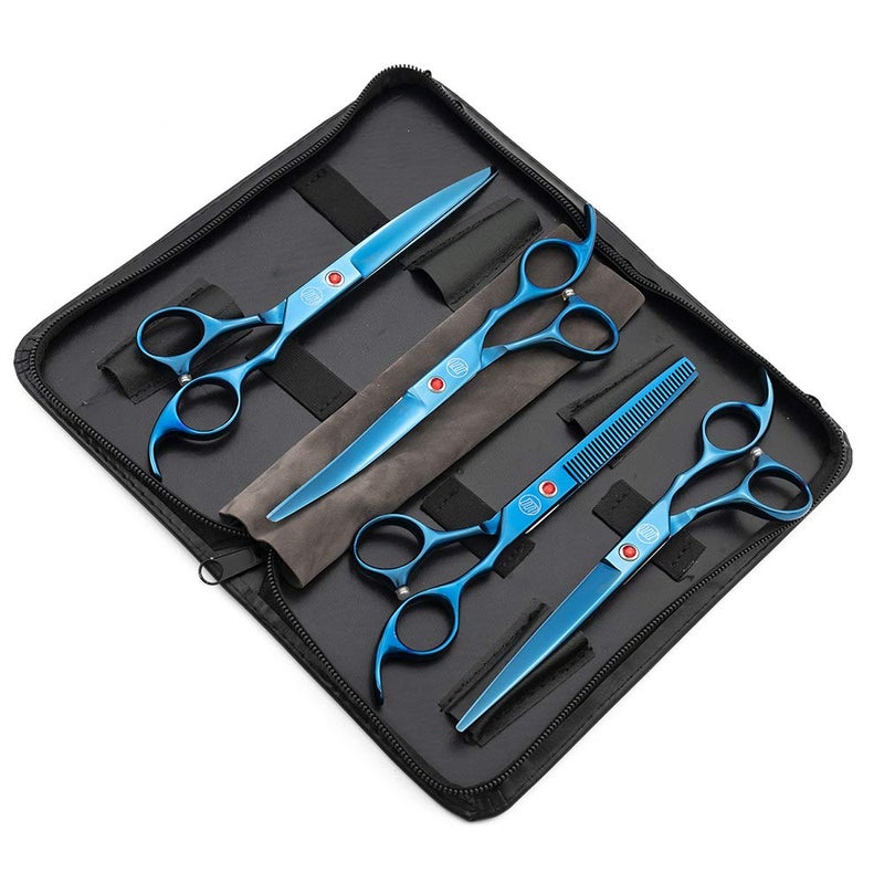 Moontay Professional 7.0" Dog Grooming Scissors Set, 4-pieces Straight, Upward Curved, Downward Curved, Thinning/Blending Shears for Dog, Cat and Pets, JP Stainless Steel, Blue - Image 2